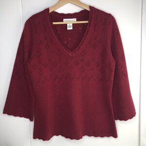 Women Mandarin Blue Burgundy Sweater Sz M Merino Wool Open knit V Neck Grandma